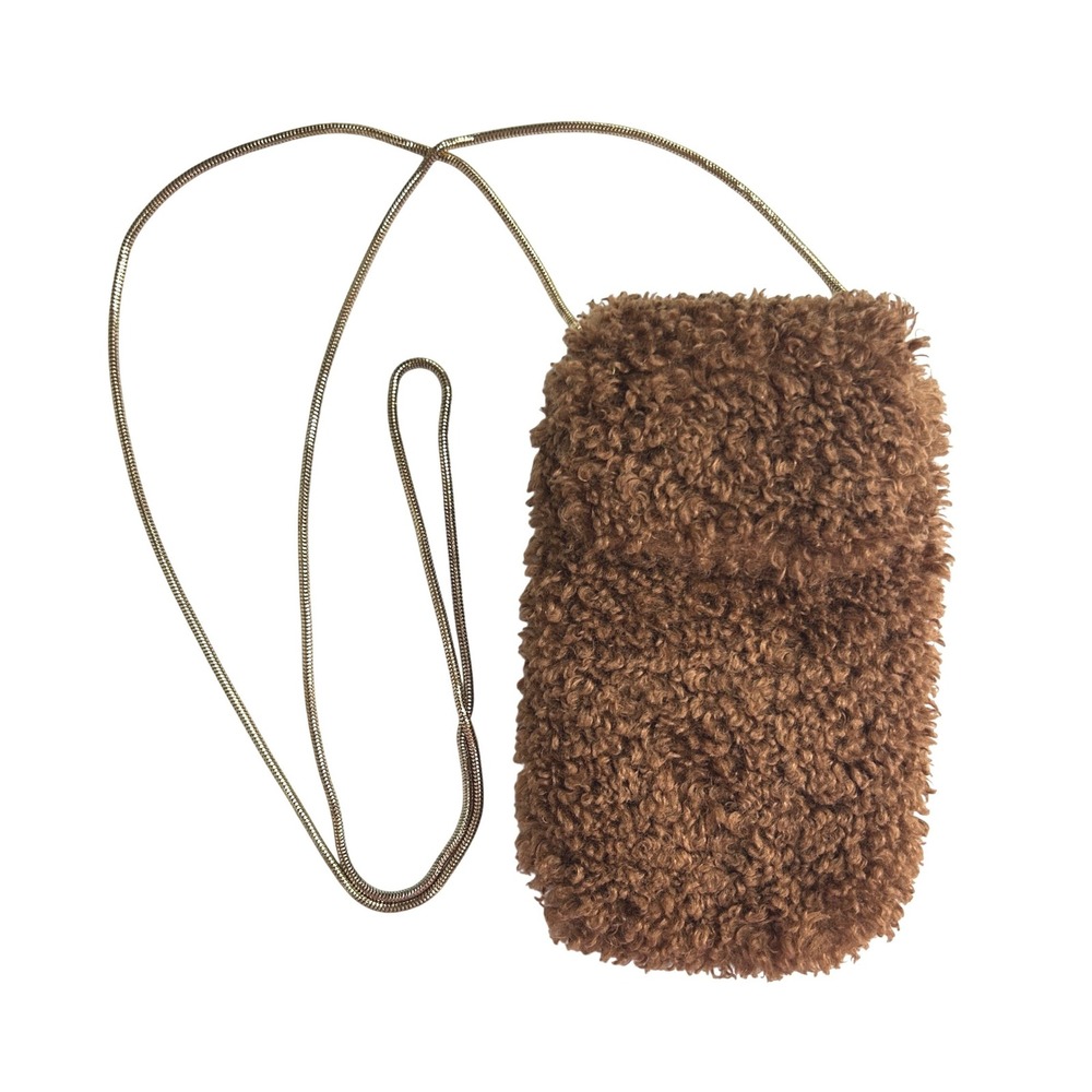 Brown Teddy Sherpa Crossbody Clutch Faux Shearling Chain Purse Soft Cozy‎